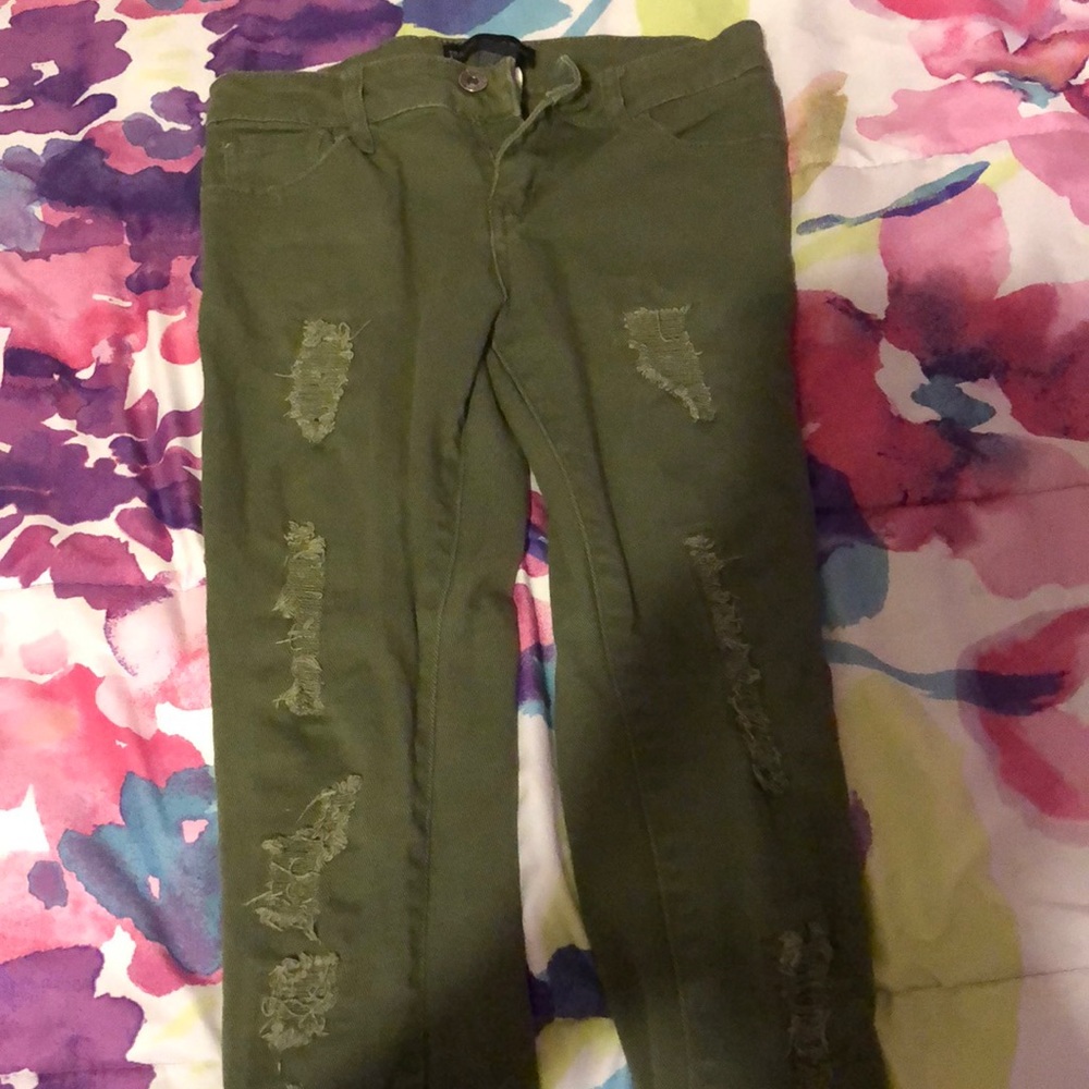 Navy green jeans.